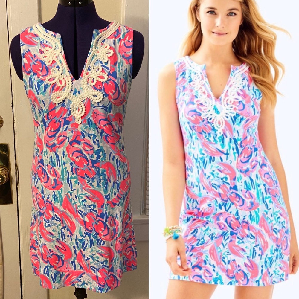 Lilly Pulitzer small pink blue lobster dress cosmic coral Harper shift stretch